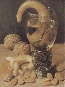 Georg Flegel Style life with wine glass and pretzel oil on canvas